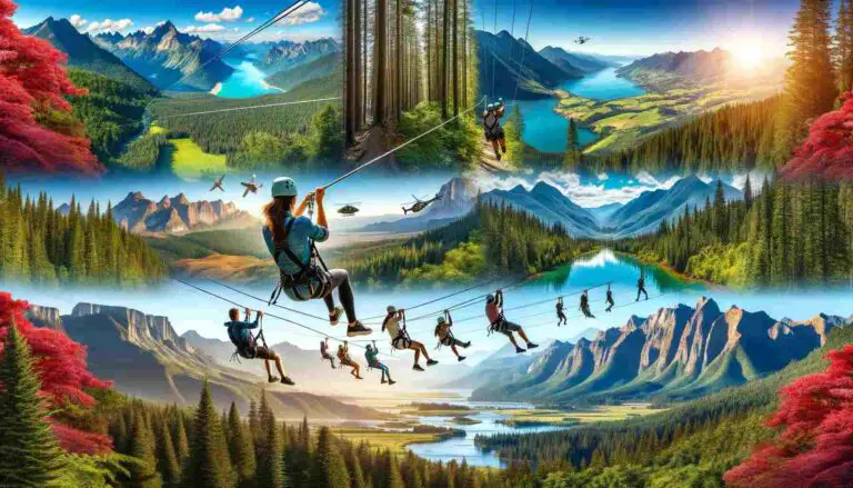 People enjoying a thrilling zipline adventure through diverse landscapes in the United States, including lush forests, scenic mountains, and stunning water bodies under a clear blue sky.