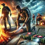 149-piece survival gear and first aid kit with Molle system, displayed at a vibrant camping scene by a lake during sunset, with people using the kit's tools and a helicopter overhead.