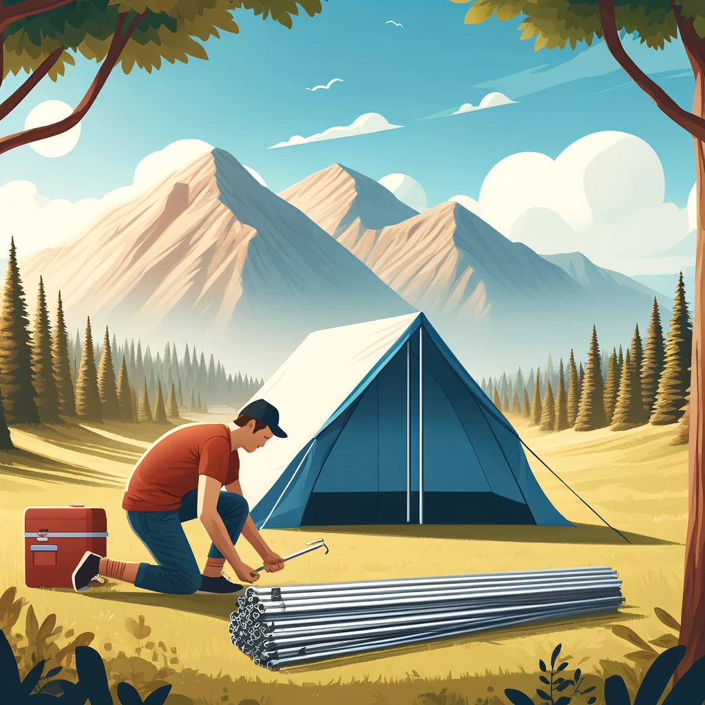 A person assembling flexible tent poles at a campsite. The scene is set during a sunny day with clear skies, with trees and a mountain range in the background.