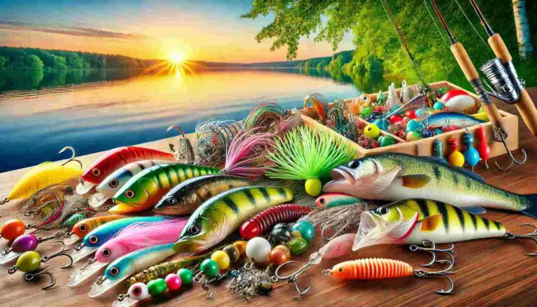 Various fishing baits, including topwater lures, soft plastic worms, crankbaits, jigs, and live bait, arranged neatly on a wooden surface with a calm summer lake and sunrise in the background.