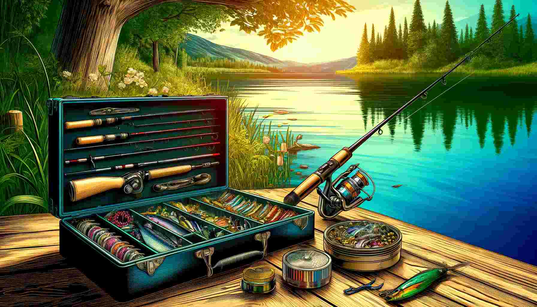 A vibrant image of a bass fishing setup on a lakeside, featuring a high-quality fishing rod and reel combo, a tackle box, and various fishing lures, with a serene lake and lush greenery in the background on a sunny day.