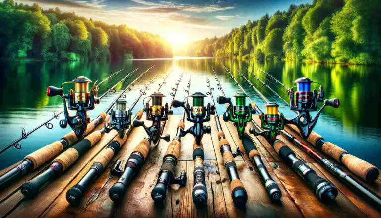A vibrant image of a selection of top fishing rod and reel combos displayed on a wooden pier by a serene lake, with lush green trees and a clear blue sky in the background. The combos include the Ugly Stik GX2, Penn Battle II, KastKing Crixus, Abu Garcia Black Max, and Shakespeare Ugly Stik Elite, arranged neatly with reels attached.