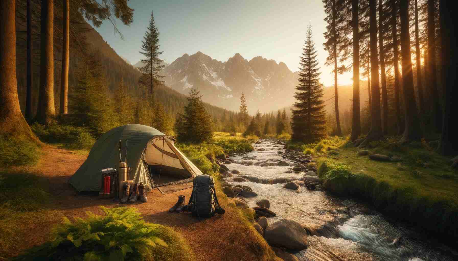 A scenic campsite in the wilderness with a lightweight backpacking tent set up near a clear mountain stream, surrounded by lush greenery, tall trees, and distant snow-capped mountains under a golden sunset. Backpacking gear is neatly arranged outside the tent, including a backpack, hiking boots, and a campfire.