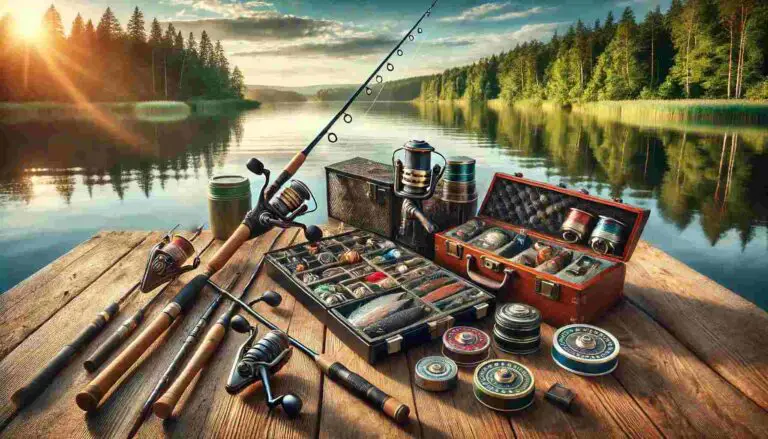 Summer fishing gear laid out on a wooden dock by a serene lake, including fishing rods, reels, tackle boxes, and accessories, with a scenic backdrop of a calm lake, lush green trees, and a clear blue sky.