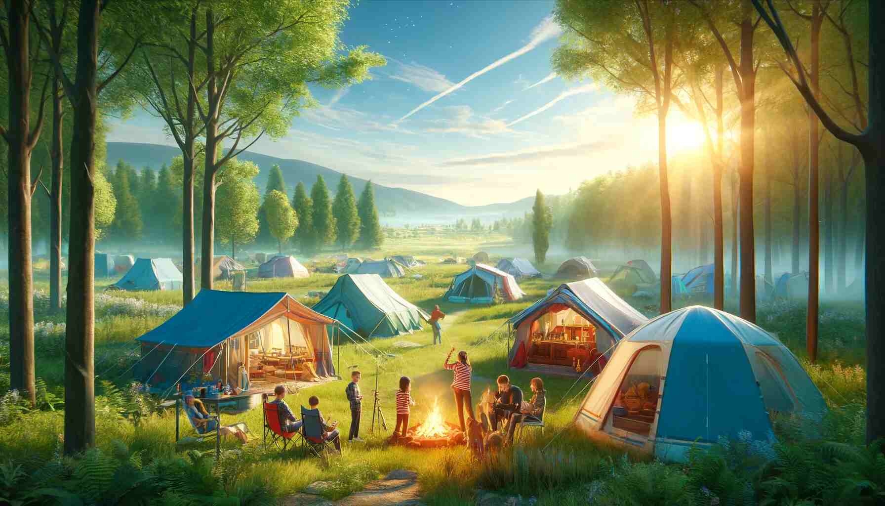 A photo of a scenic campsite with five different family tents set up, surrounded by lush greenery and a clear blue sky. Families are seen enjoying outdoor activities like roasting marshmallows over a campfire, playing games, and relaxing in camping chairs.