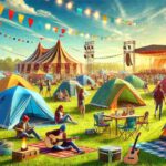 A vibrant festival camping scene with multiple colorful tents set up in a grassy field under a bright blue sky. People are enjoying their time around the tents, playing guitars, laughing, and relaxing. The background shows a lively festival environment with flags, lights, and a stage in the distance.