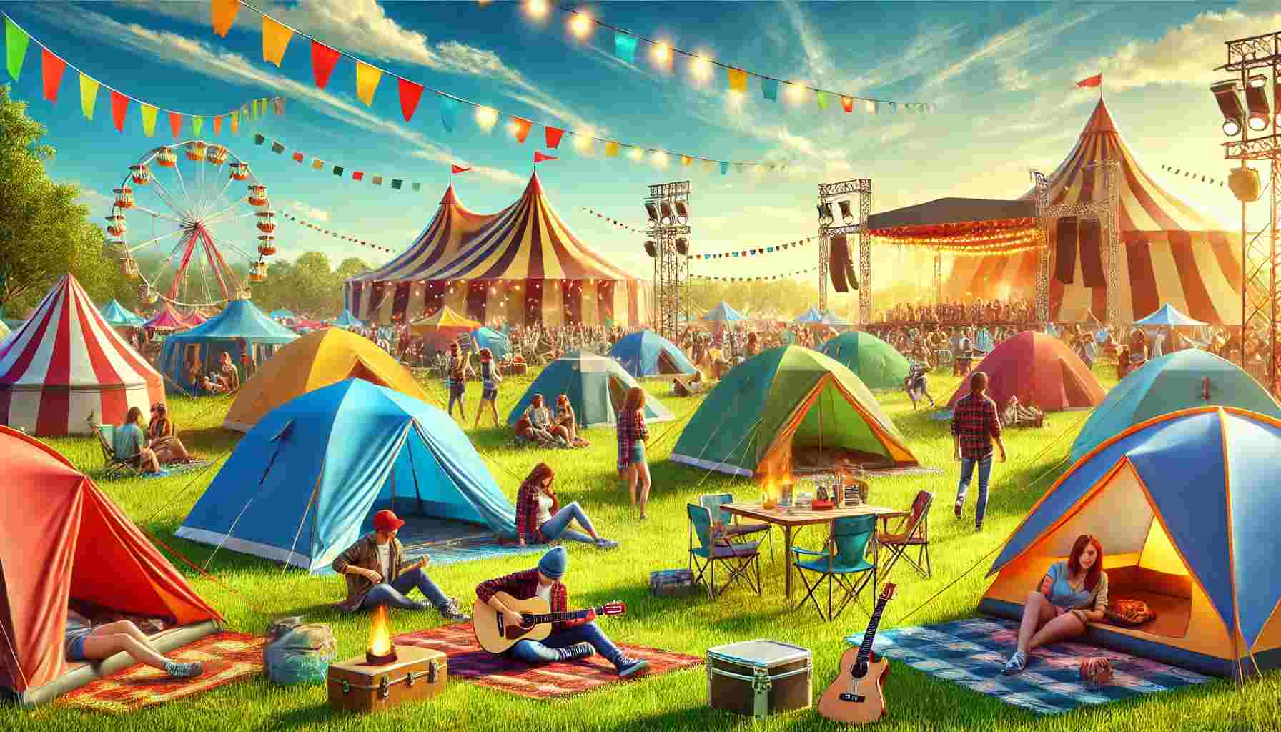A vibrant festival camping scene with multiple colorful tents set up in a grassy field under a bright blue sky. People are enjoying their time around the tents, playing guitars, laughing, and relaxing. The background shows a lively festival environment with flags, lights, and a stage in the distance.