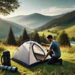 A solo hiker setting up a lightweight, compact tent in a scenic outdoor location with lush greenery, mountains in the background, and a clear blue sky.