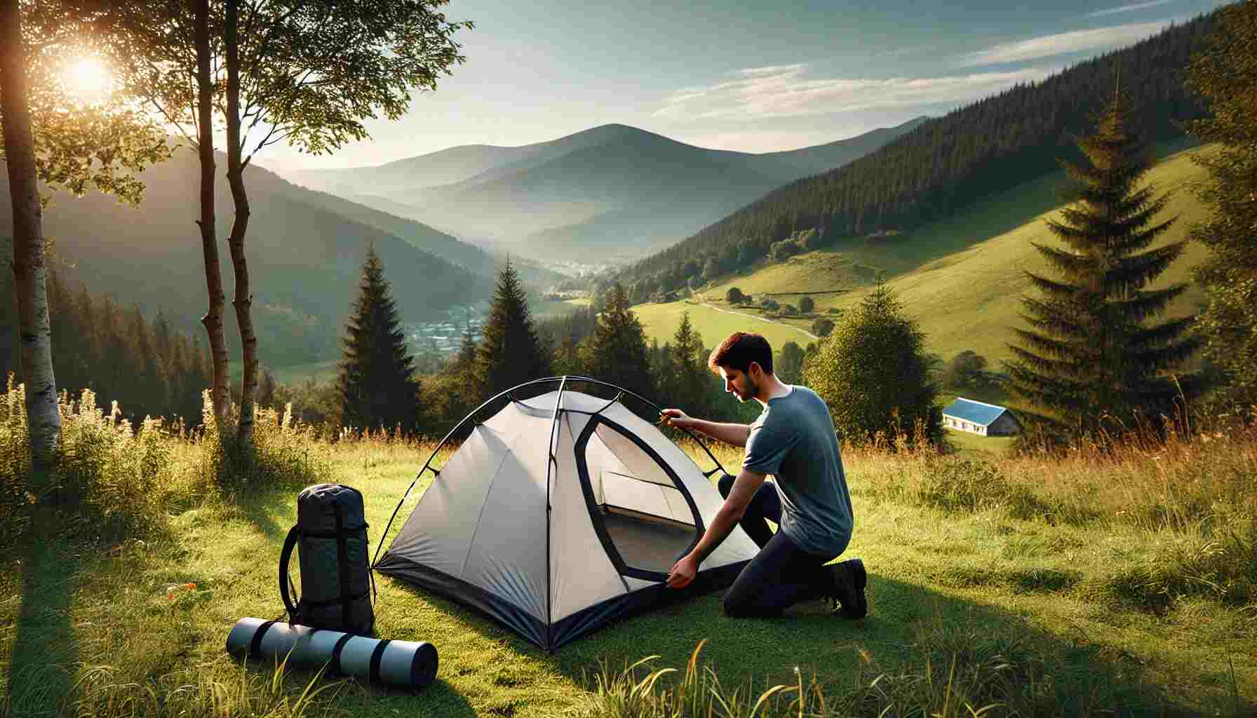 A solo hiker setting up a lightweight, compact tent in a scenic outdoor location with lush greenery, mountains in the background, and a clear blue sky.
