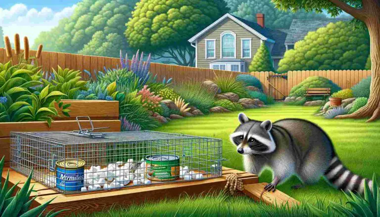 A raccoon approaching a humane live trap baited with marshmallows and canned sardines in a backyard setting, surrounded by grass, garden elements, a house, and trees.