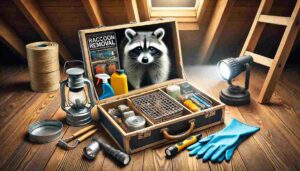 A detailed and inviting DIY guide on raccoon removal. The image shows a well-organized toolbox with essential tools for raccoon removal, including a humane live trap, protective gloves, a flashlight, and cleaning supplies. In the background, a raccoon is peeking out from a partially open attic, highlighting the need for removal.