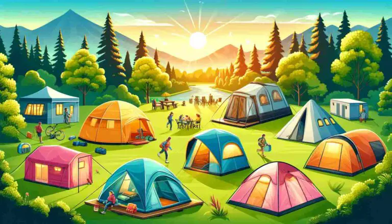 A vibrant outdoor scene featuring various camping tents, including dome, cabin, tunnel, backpacking, pop-up, and inflatable tents. The campsite is set in a lush green area with trees and mountains in the background, and campers are enjoying activities around the tents under a clear sky with a beautiful sunset glow.