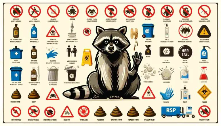An informative image highlighting the dangers of raccoon feces with icons of raccoons, feces, and warning signs. It also illustrates preventive measures such as wearing gloves, using disinfectants, and securing trash bins.