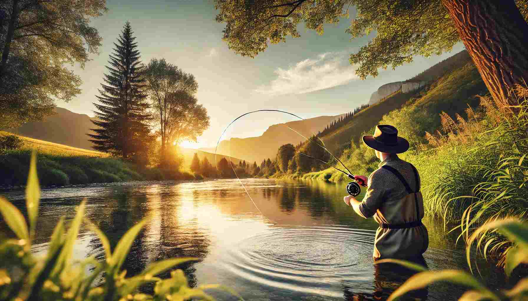 Serene summer scene of a clear river with lush greenery and mountains in the background. An angler wearing a hat and waders casts a fly fishing line into the water under a clear sky with a golden sunset reflecting on the water