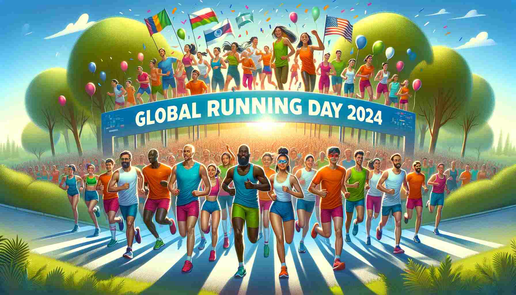 Celebration of Global Running Day 2024 with a diverse group of runners, including men, women, and children, running in a park with a banner reading 'Global Running Day 2024'. The festive atmosphere includes balloons, confetti, and flags from various countries.