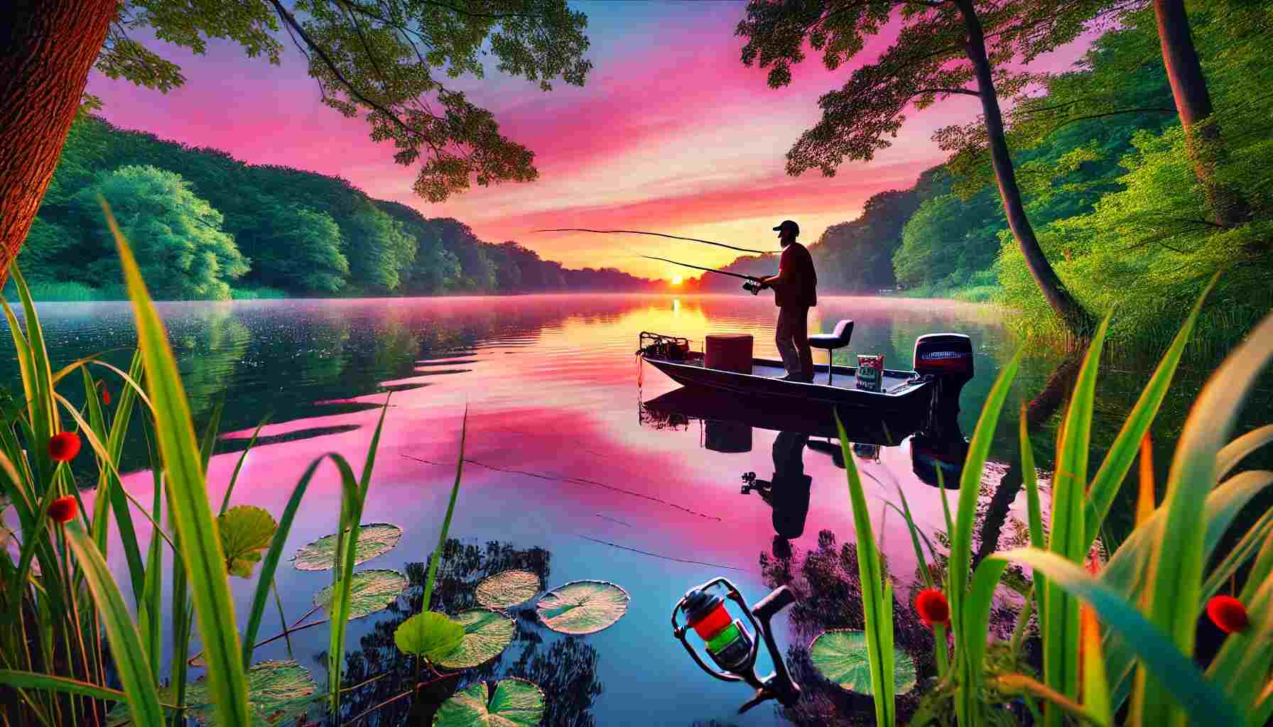 A serene lake at dawn with an angler in a small boat casting a fishing line. The lake is surrounded by lush greenery, and the sky is painted in shades of pink and orange. The water is calm, reflecting the beautiful colors of the sky, capturing the peaceful and promising start of a productive day of bass fishing.
