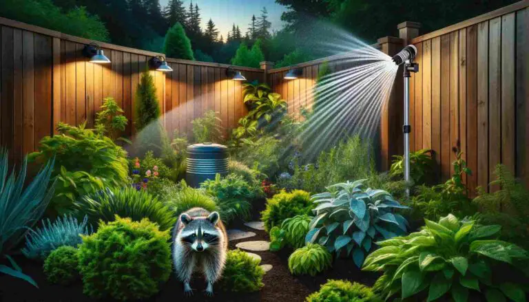 A picturesque garden scene at dusk with lush green plants, a wooden fence with a small overhang, and motion-activated sprinklers turning on, spraying water. A raccoon is startled in the foreground, captured with a hint of motion blur to show movement. The background features neatly trimmed vegetation and a secure compost bin, reflecting a tranquil and well-maintained garden successfully deterring raccoons.
