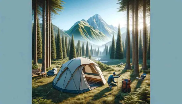 A picturesque campsite with a person setting up a modern dome tent in a scenic outdoor location, surrounded by tall trees and a mountain range in the background. The scene is set during a sunny day with clear blue skies. The person is placing stakes into the ground, with camping gear like a backpack and a sleeping bag visible nearby, conveying a sense of adventure and tranquility.