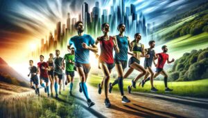 Dynamic image showing a diverse group of runners training for a marathon on a scenic trail that transitions into a cityscape. The runners are wearing vibrant, professional running gear, appearing determined and focused. The background includes clear skies, lush greenery, and urban buildings, capturing the essence of both nature and city running. The image evokes energy, motivation, and camaraderie among the runners.