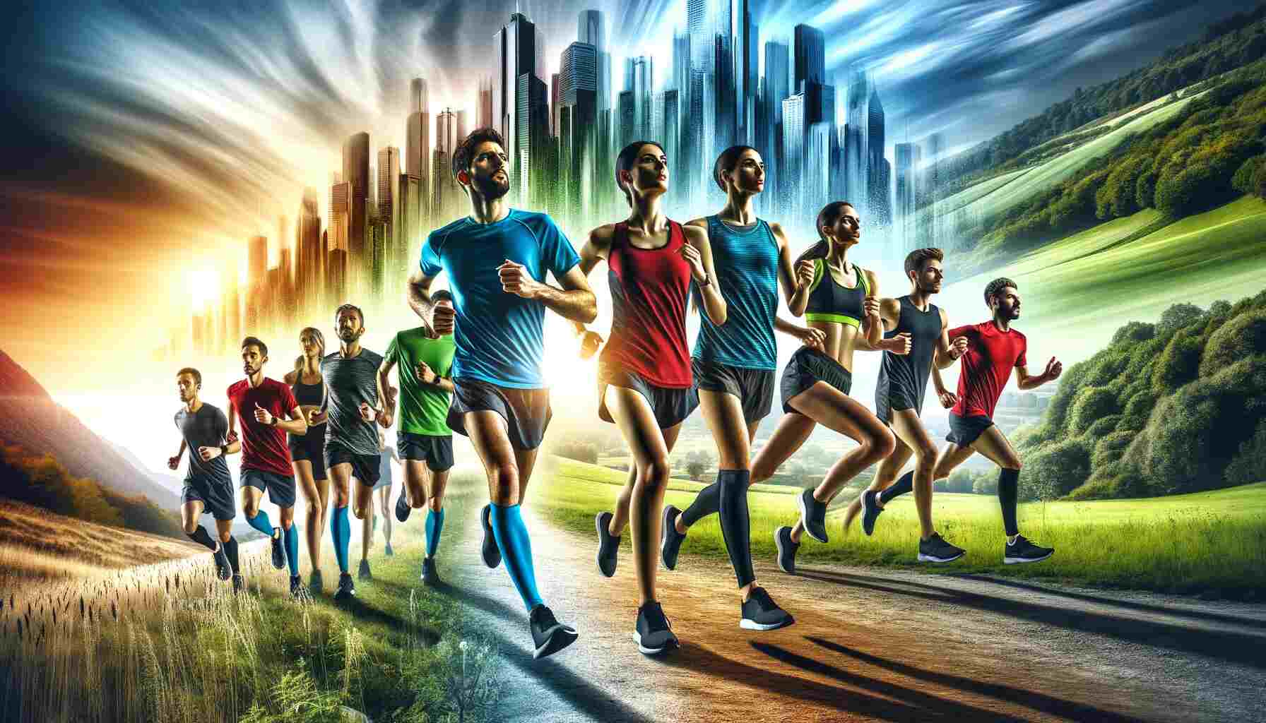 Dynamic image showing a diverse group of runners training for a marathon on a scenic trail that transitions into a cityscape. The runners are wearing vibrant, professional running gear, appearing determined and focused. The background includes clear skies, lush greenery, and urban buildings, capturing the essence of both nature and city running. The image evokes energy, motivation, and camaraderie among the runners.