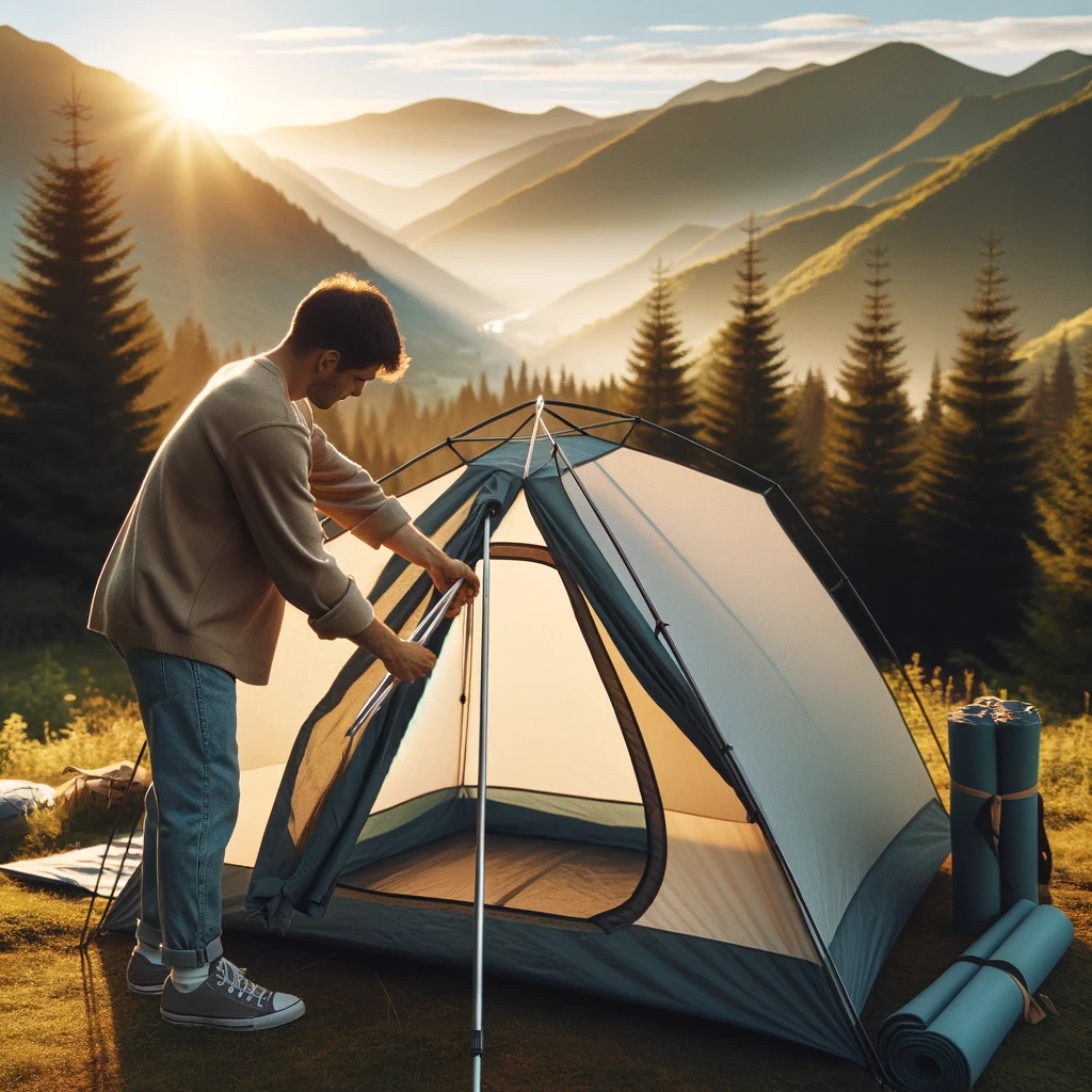 A person inserting tent poles into the corresponding sleeves of a tent at a campsite. The scene is set during a sunny day with clear skies, with trees and a mountain range in the background.