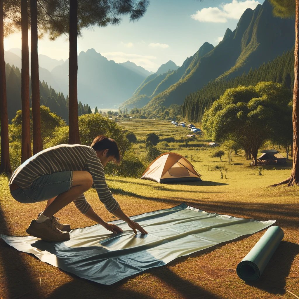 A person laying out a footprint or ground cloth on a grassy campsite to protect the bottom of the tent. The scene is set during a sunny day with clear skies, with trees and a mountain range in the background.
