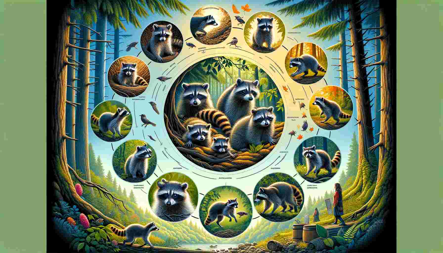 An illustration depicting the life cycle of a raccoon from birth to adulthood, showing newborn kits in a den, juvenile raccoons exploring with their mother, and adult raccoons foraging in a forest, set against a natural woodland background.
