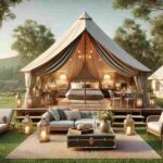 A beautiful luxury camping scene featuring a spacious, high-end canvas tent with stylish furnishings inside. The tent is set in a picturesque outdoor location with lush greenery and a serene lake in the background. The setup includes comfortable seating, a cozy bed, and elegant decorations, emphasizing a luxurious and glamorous camping experience. The sky is clear, and the overall atmosphere is inviting and relaxing.