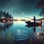 A serene night fishing scene in summer with an angler on a boat casting a line under a starry sky. The water is illuminated with soft, glowing lights, and the shoreline features silhouetted trees and calm waters reflecting the night sky. The angler is equipped with essential gear like a headlamp and tackle box, creating an inviting atmosphere for a successful night fishing experience.