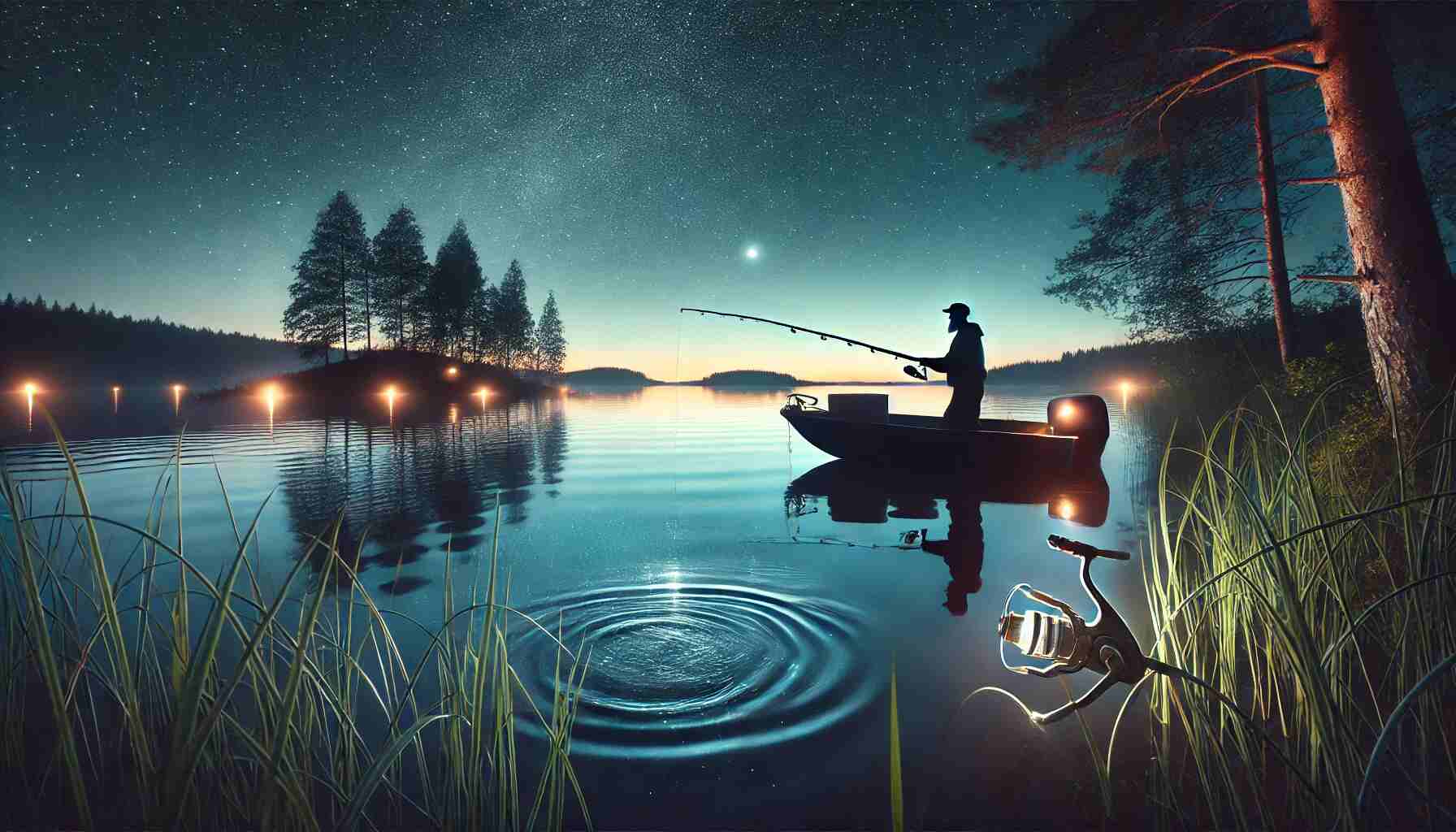 A serene night fishing scene in summer with an angler on a boat casting a line under a starry sky. The water is illuminated with soft, glowing lights, and the shoreline features silhouetted trees and calm waters reflecting the night sky. The angler is equipped with essential gear like a headlamp and tackle box, creating an inviting atmosphere for a successful night fishing experience.