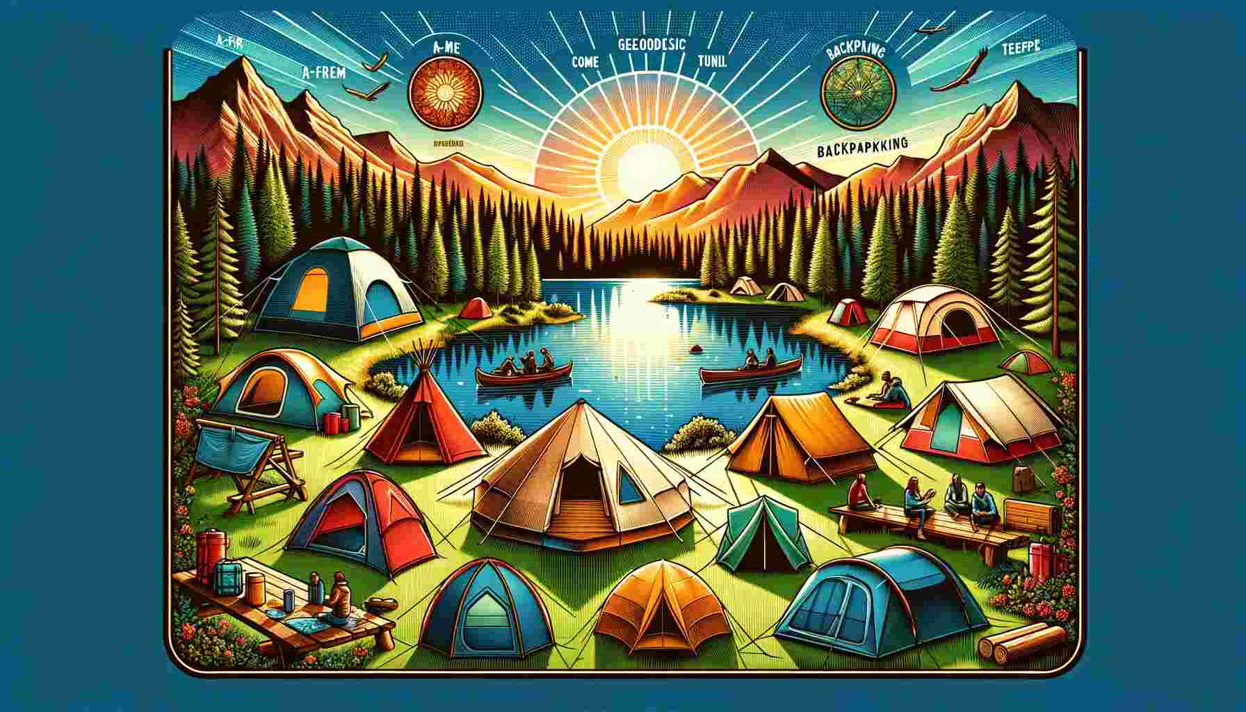 Various tent types including A-frame, dome, geodesic, tunnel, pop-up, cabin, backpacking, and teepee tents in a vibrant outdoor setting with a forest, lake, and mountains.