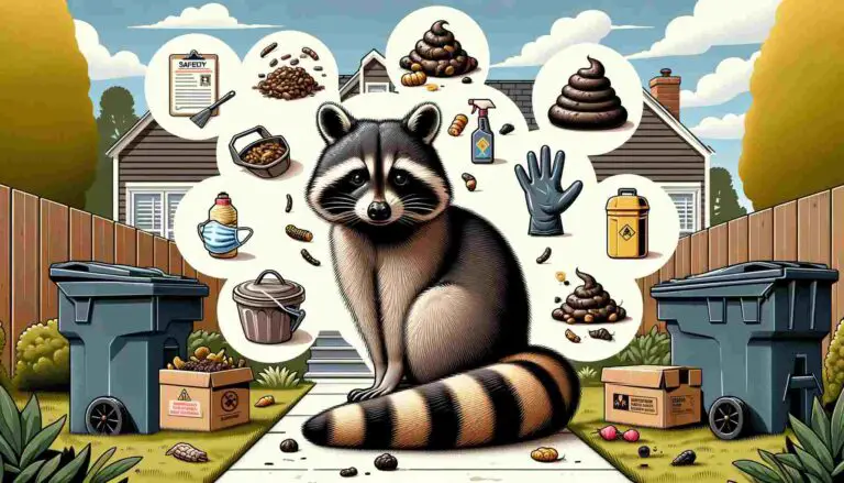 an image depicting raccoon droppings in a suburban yard, highlighting safety precautions with icons of gloves, a mask, and cleaning supplies.