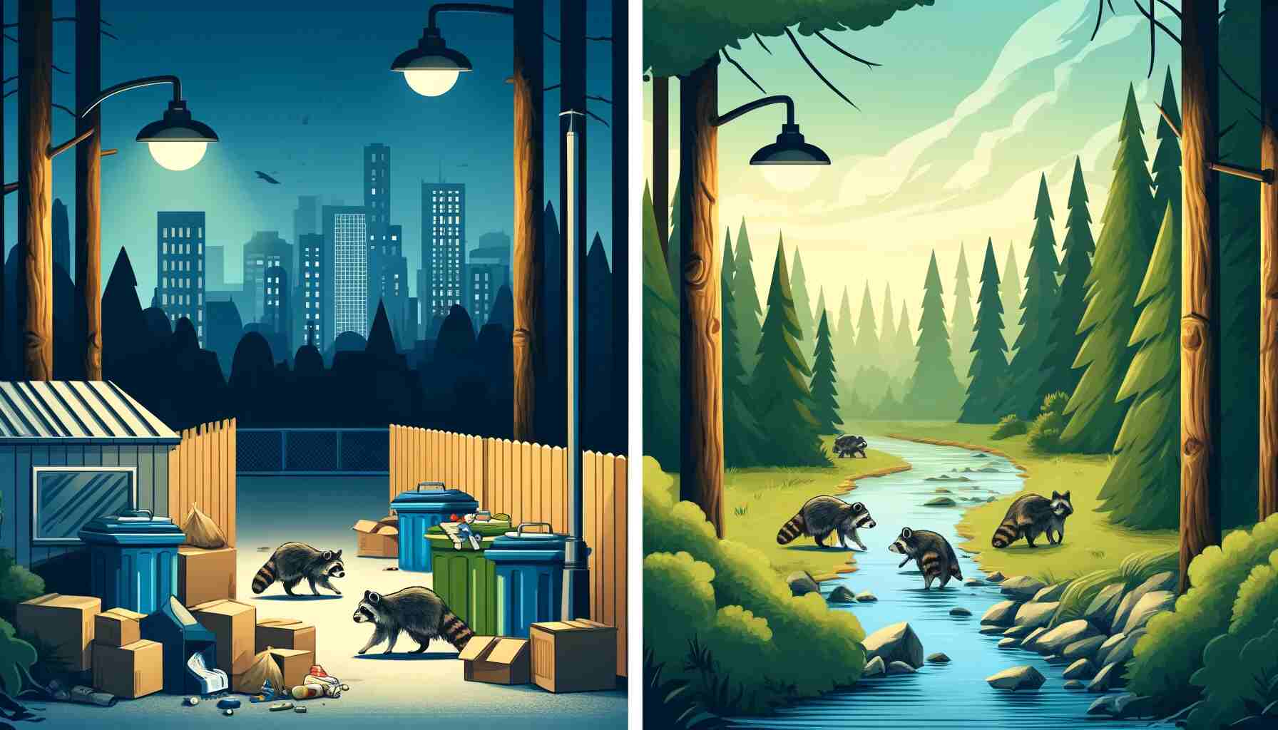 Illustration showing the contrast between urban and rural raccoon habitats. On the left, raccoons are scavenging in garbage bins near buildings and streetlights, while on the right, raccoons are in a forested area near a stream, surrounded by trees and natural shelters. The background transitions smoothly between the two environments.