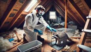 A professional wildlife removal expert humanely capturing a raccoon using a live trap in a residential attic. The expert is wearing protective gear and carefully handling the trap. The attic is dimly lit with visible damage caused by the raccoon, such as insulation pulled out and scattered debris. The background includes a partially opened attic window revealing a glimpse of the neighborhood outside. The atmosphere is focused and professional.