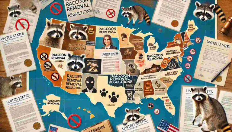 A detailed map of the United States with highlighted states showing different raccoon removal regulations, images of raccoons, and legal documents scattered around the map. The map has a professional and informative look with labels and icons representing raccoon removal laws and permits.
