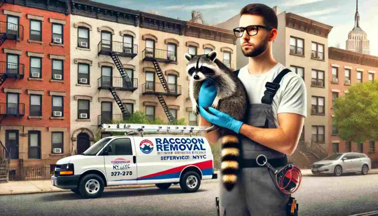 A professional raccoon removal service in action in NYC, showing a trained technician in uniform safely capturing a raccoon from a residential attic using humane methods, with NYC residential buildings and a branded service vehicle in the background.