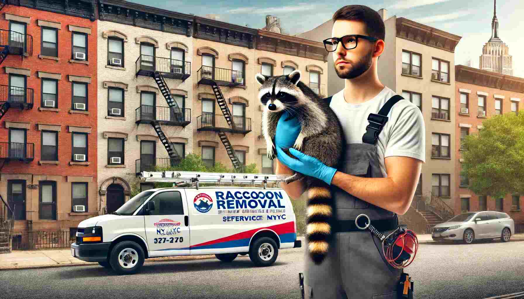 A professional raccoon removal service in action in NYC, showing a trained technician in uniform safely capturing a raccoon from a residential attic using humane methods, with NYC residential buildings and a branded service vehicle in the background.