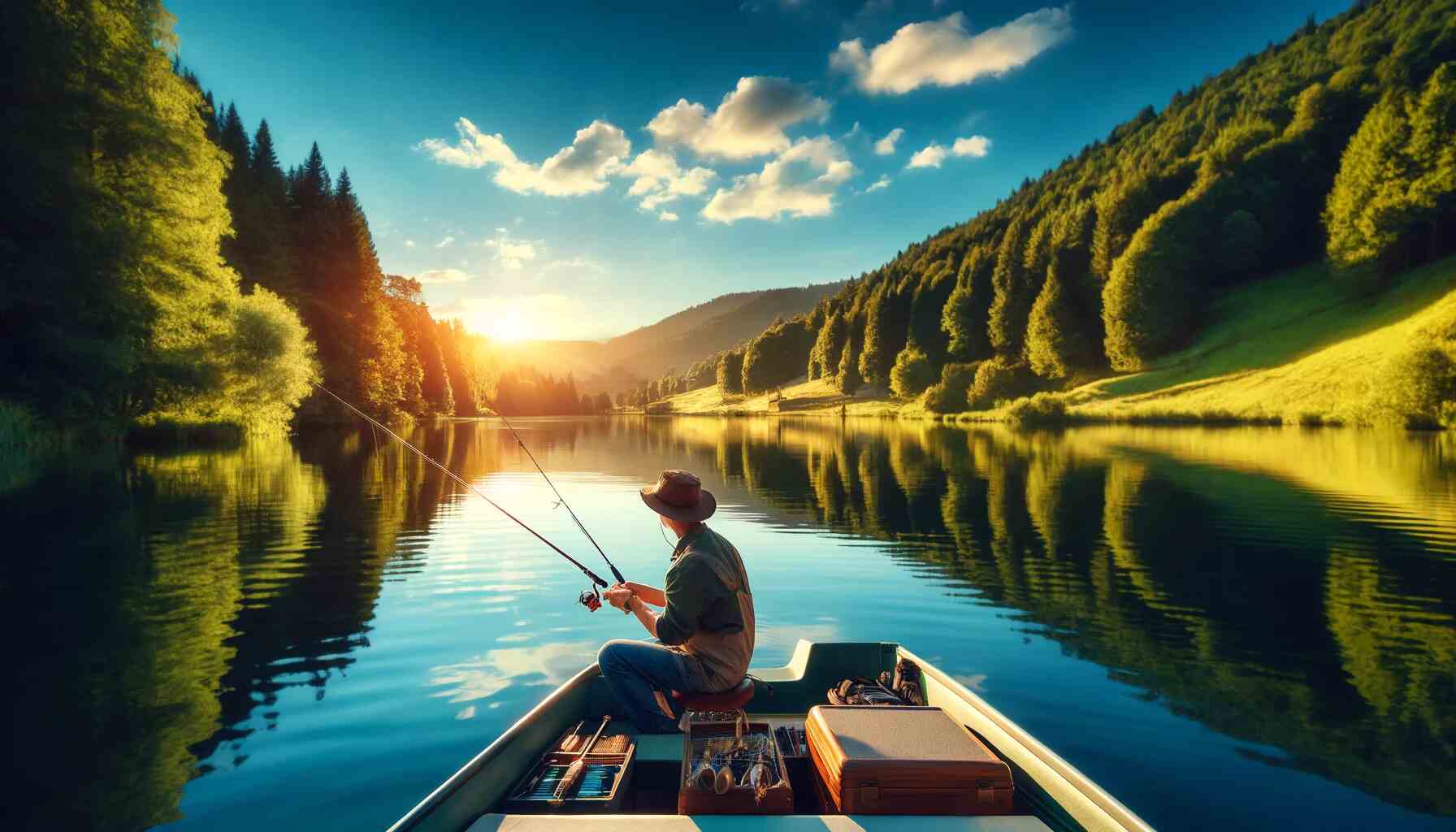 A picturesque summer fishing scene at a serene lake with an angler casting a line from a small boat, surrounded by lush green trees and a clear blue sky, with the sun setting and casting a golden hue across the landscape. The angler is equipped with fishing gear, wearing a hat and polarized sunglasses. A tackle box and fishing rods are visible in the boat, creating a perfect summer fishing adventure atmosphere.