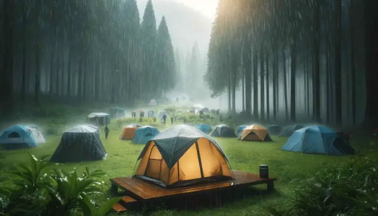 Waterproof tents set up in a lush forest during a rainstorm, showcasing their capability to keep campers dry and comfortable.