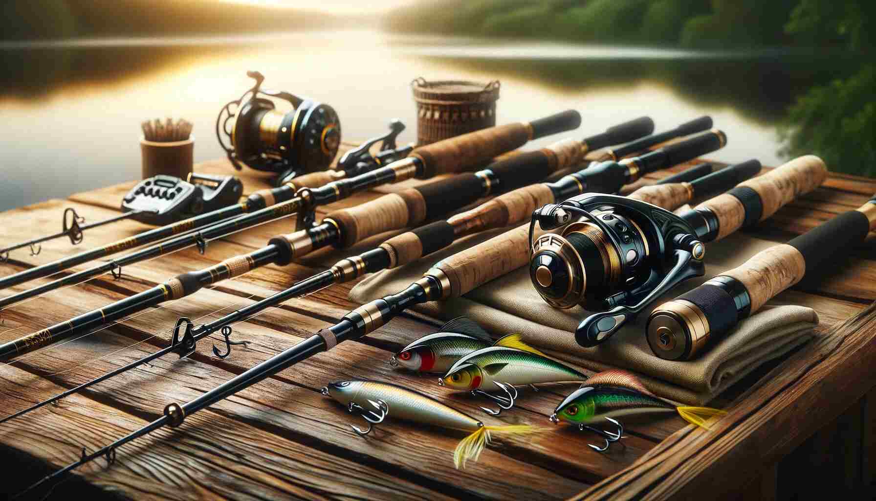 An elegant display of premium fishing gear, including high-end fishing rods, reels, and lures, set on a wooden surface with a serene outdoor background, hinting at a lake or river setting.