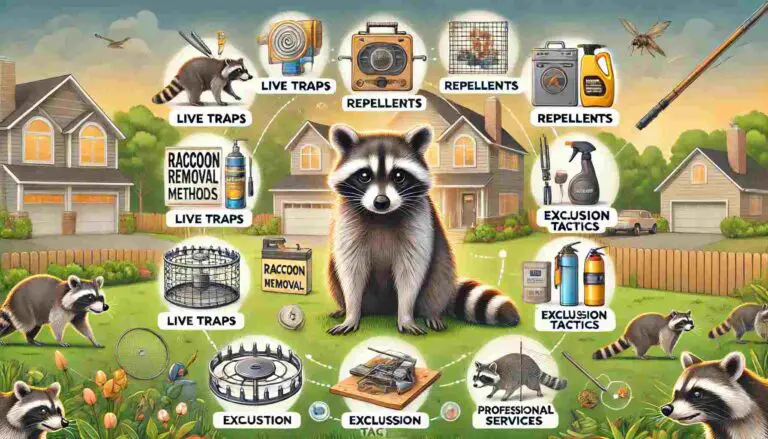 The image shows various methods like live traps, repellents, exclusion tactics, and professional services in action. A raccoon is in the foreground with a backdrop of a suburban yard. The setting is informative and engaging, highlighting tools and techniques for safe and effective raccoon removal.