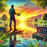 Angler standing on a lakeshore at sunrise, casting a fishing rod with calm water, lush greenery, and distant mountains in the background.
