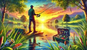 Angler standing on a lakeshore at sunrise, casting a fishing rod with calm water, lush greenery, and distant mountains in the background.
