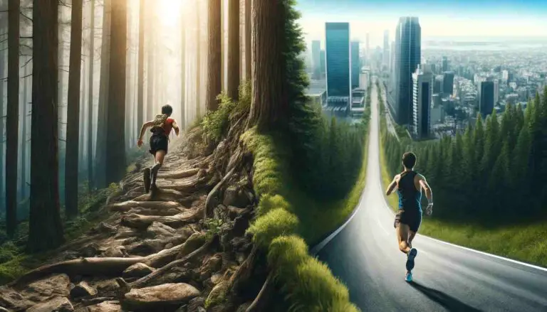 Split image showing a runner on a rugged forest trail on the left side and a runner on a smooth city road on the right side. The trail runner is navigating uneven terrain surrounded by trees, while the road runner is on a paved road with city buildings in the background. Both are dressed in appropriate running gear, highlighting the contrast between the two environments. The sky is clear and bright, emphasizing the joy and challenge of running in different settings.
