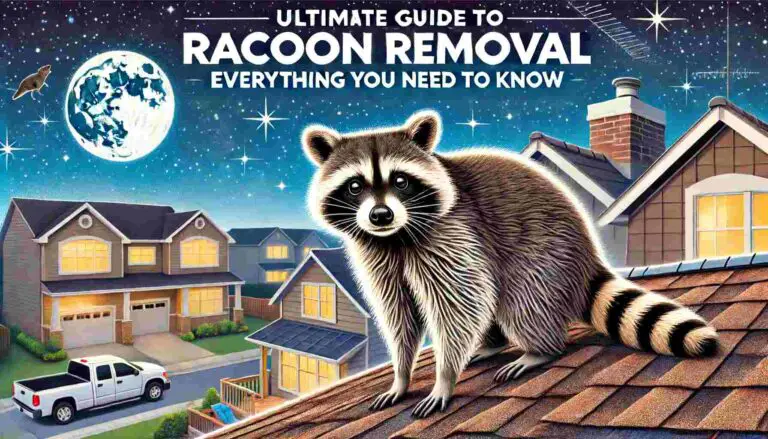 Illustration of a raccoon on a residential roof at night with visible damage to the roof tiles. The background shows a suburban neighborhood under a clear night sky with stars. The image includes a title overlay that reads 'Ultimate Guide to Raccoon Removal: Everything You Need to Know'.
