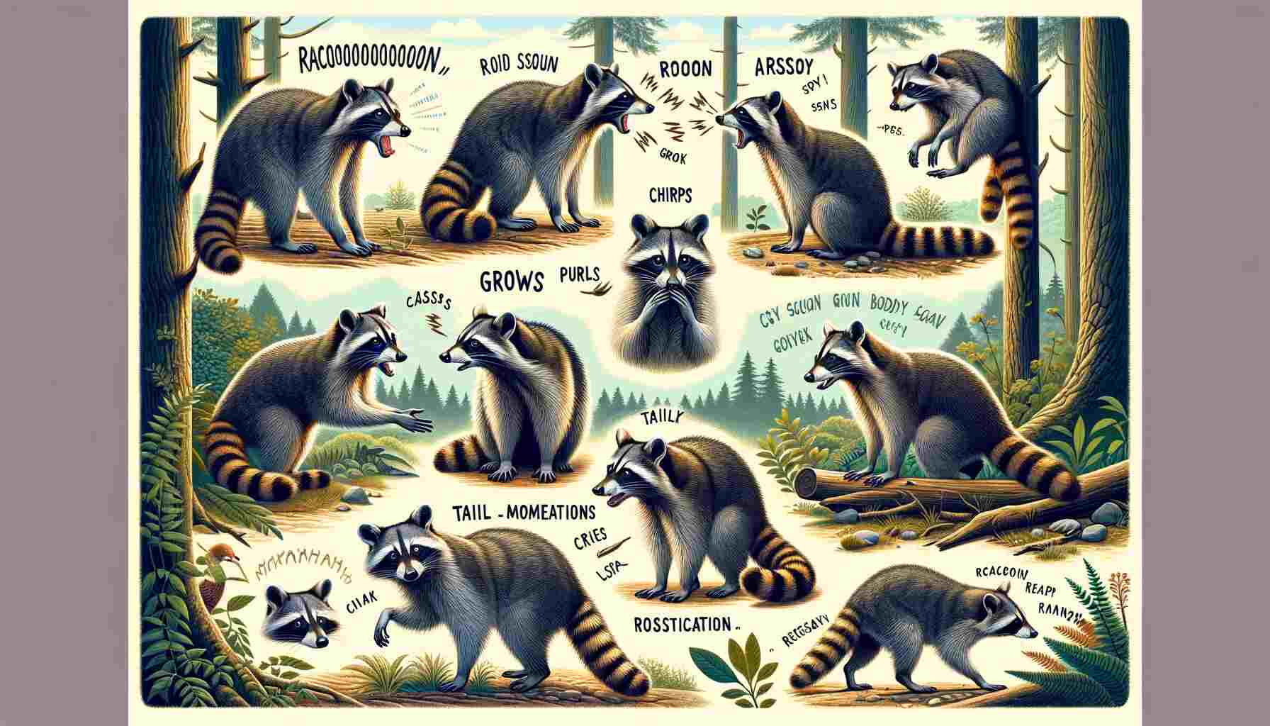 Illustration of raccoons communicating in a woodland setting, using vocalizations and body language, surrounded by trees and foliage.