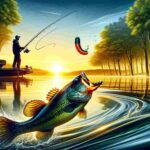 A vibrant scene of bass fishing at sunrise, featuring an angler casting a fishing rod with a plastic worm bait towards a bass jumping out of the calm lake waters. The background includes lush green trees and a clear sky with the warm glow of the rising sun.