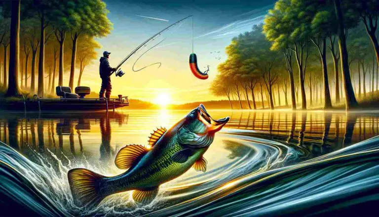 A vibrant scene of bass fishing at sunrise, featuring an angler casting a fishing rod with a plastic worm bait towards a bass jumping out of the calm lake waters. The background includes lush green trees and a clear sky with the warm glow of the rising sun.