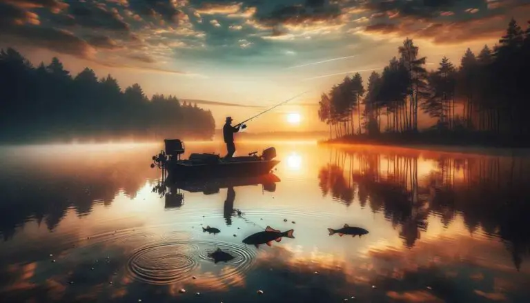 A serene fishing scene at sunrise with a calm lake, a fishing boat, and an angler casting a line. The sky is a blend of warm colors reflecting on the water. Trees line the shore, and a few fish are visible in the water, capturing the tranquility and beauty of early morning fishing.