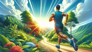 A determined runner in motion on a scenic trail, surrounded by lush greenery and a bright, sunny sky, showcasing the adventure and benefits of running.